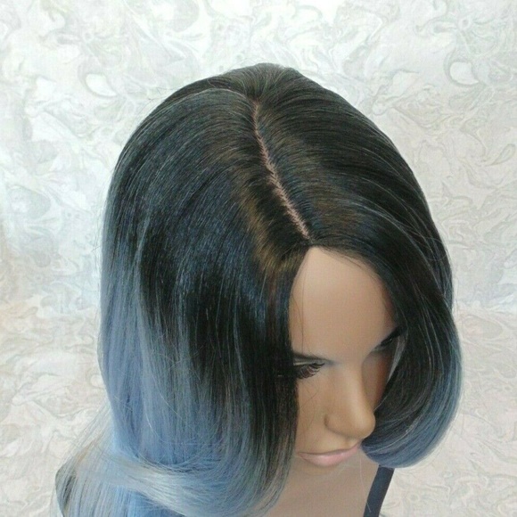 New Lace Part Long Straight Blue Silver Ombre Wig main image 8